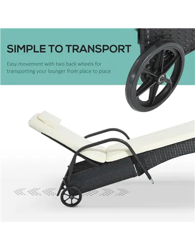 Outsunny Rattan Sun Lounger, Garden Lounger Recliner with Wheels and Adjustable Backrest, Outdoor Reclining Sunbed Garden Chair 