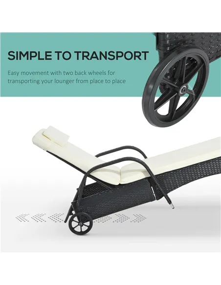 Outsunny Rattan Sun Lounger, Garden Lounger Recliner with Wheels and Adjustable Backrest, Outdoor Reclining Sunbed Garden Chair 