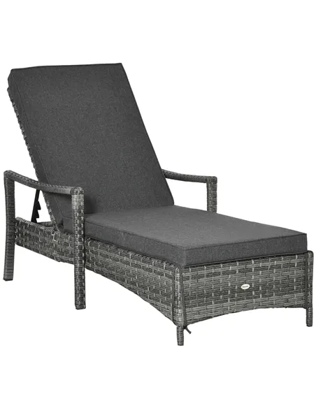 Outsunny Patio Rattan Sun Lounger, Dual Wicker Weave Outdoor Single Reclining Chair Furniture, 5-Level Adjustable Backrest w/ Re