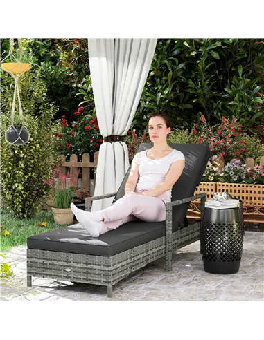 Outsunny Patio Rattan Sun Lounger, Dual Wicker Weave Outdoor Single Reclining Chair Furniture, 5-Level Adjustable Backrest w/ Re