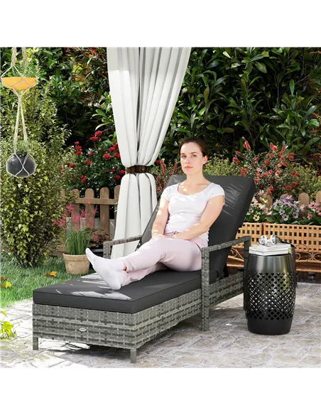 Outsunny Patio Rattan Sun Lounger, Dual Wicker Weave Outdoor Single Reclining Chair Furniture, 5-Level Adjustable Backrest w/ Re