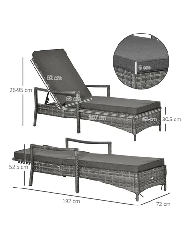 Outsunny Patio Rattan Sun Lounger, Dual Wicker Weave Outdoor Single Reclining Chair Furniture, 5-Level Adjustable Backrest w/ Re