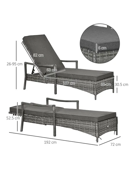 Outsunny Patio Rattan Sun Lounger, Dual Wicker Weave Outdoor Single Reclining Chair Furniture, 5-Level Adjustable Backrest w/ Re