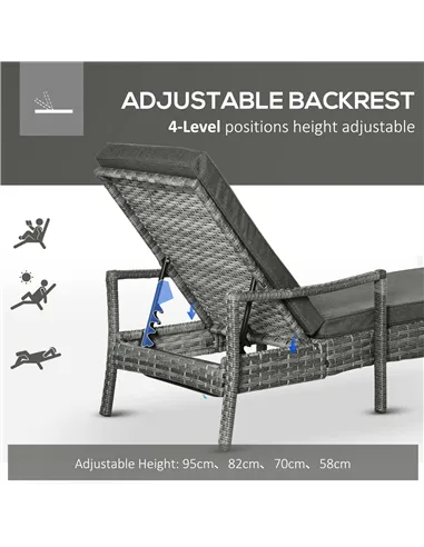 Outsunny Patio Rattan Sun Lounger, Dual Wicker Weave Outdoor Single Reclining Chair Furniture, 5-Level Adjustable Backrest w/ Re