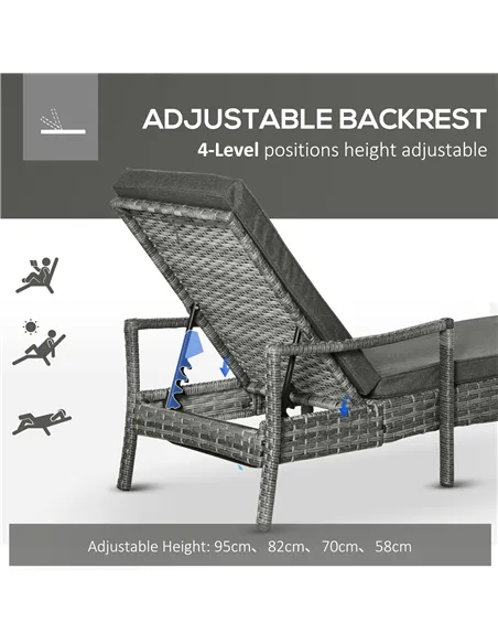 Outsunny Patio Rattan Sun Lounger, Dual Wicker Weave Outdoor Single Reclining Chair Furniture, 5-Level Adjustable Backrest w/ Re