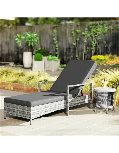 Outsunny Patio Rattan Sun Lounger, Dual Wicker Weave Outdoor Single Reclining Chair Furniture, 5-Level Adjustable Backrest w/ Re