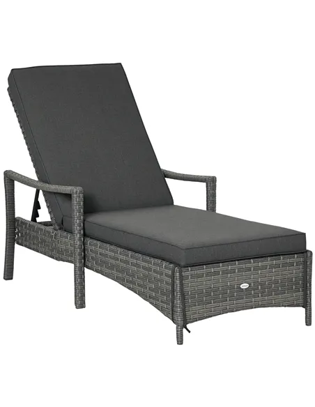 Outsunny Patio Rattan Sun Lounger, Dual Wicker Weave Outdoor Single Reclining Chair Furniture, 5-Level Adjustable Backrest w/ Re