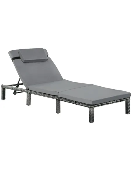 Outsunny Rattan Sun Lounger, 5-Level Adjustable Garden Lounger Recliner with Cushion and Headrest, Outdoor Reclining Sunbed, Ste