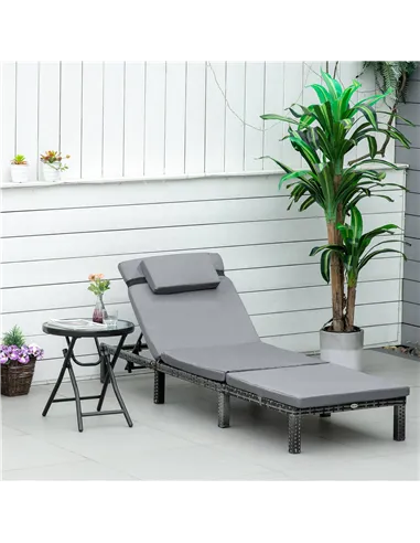 Outsunny Rattan Sun Lounger, 5-Level Adjustable Garden Lounger Recliner with Cushion and Headrest, Outdoor Reclining Sunbed, Ste