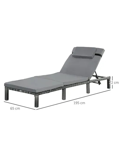 Outsunny Rattan Sun Lounger, 5-Level Adjustable Garden Lounger Recliner with Cushion and Headrest, Outdoor Reclining Sunbed, Ste