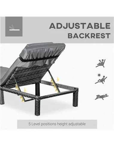 Outsunny Rattan Sun Lounger, 5-Level Adjustable Garden Lounger Recliner with Cushion and Headrest, Outdoor Reclining Sunbed, Ste