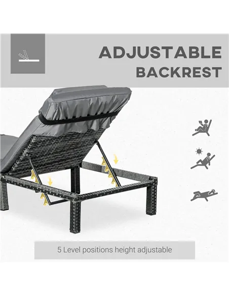 Outsunny Rattan Sun Lounger, 5-Level Adjustable Garden Lounger Recliner with Cushion and Headrest, Outdoor Reclining Sunbed, Ste