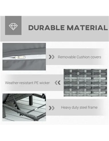 Outsunny Rattan Sun Lounger, 5-Level Adjustable Garden Lounger Recliner with Cushion and Headrest, Outdoor Reclining Sunbed, Ste