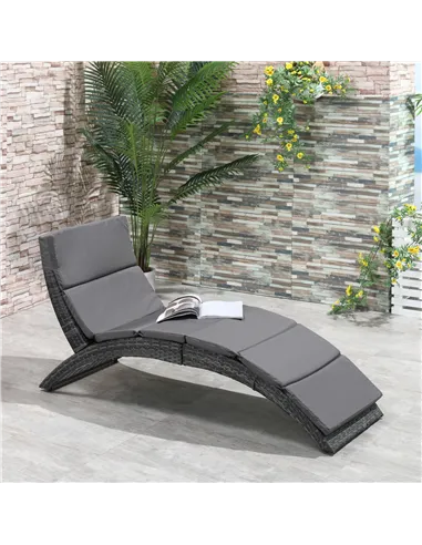 Outsunny Outdoor Foldable PE Rattan Sun Lounger with Soft Padded Cushion, Ergonomic Curved Design Sun Bed for Balcony, Garden, G