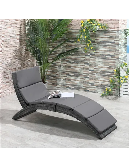 Outsunny Outdoor Foldable PE Rattan Sun Lounger with Soft Padded Cushion, Ergonomic Curved Design Sun Bed for Balcony, Garden, G