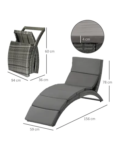 Outsunny Outdoor Foldable PE Rattan Sun Lounger with Soft Padded Cushion, Ergonomic Curved Design Sun Bed for Balcony, Garden, G