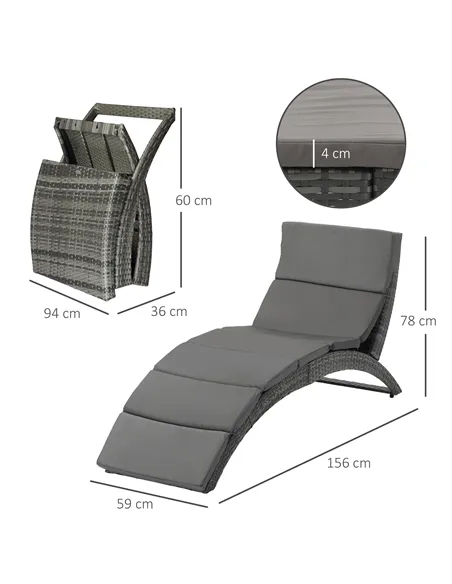 Outsunny Outdoor Foldable PE Rattan Sun Lounger with Soft Padded Cushion, Ergonomic Curved Design Sun Bed for Balcony, Garden, G