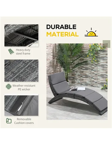 Outsunny Outdoor Foldable PE Rattan Sun Lounger with Soft Padded Cushion, Ergonomic Curved Design Sun Bed for Balcony, Garden, G