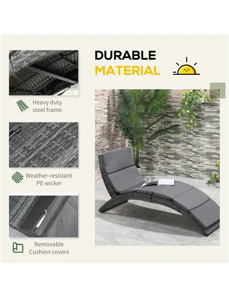 Outsunny Outdoor Foldable PE Rattan Sun Lounger with Soft Padded Cushion, Ergonomic Curved Design Sun Bed for Balcony, Garden, G