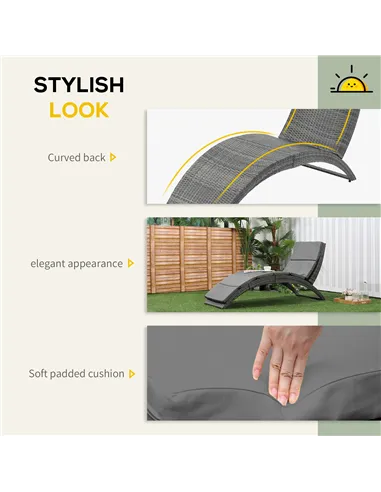 Outsunny Outdoor Foldable PE Rattan Sun Lounger with Soft Padded Cushion, Ergonomic Curved Design Sun Bed for Balcony, Garden, G
