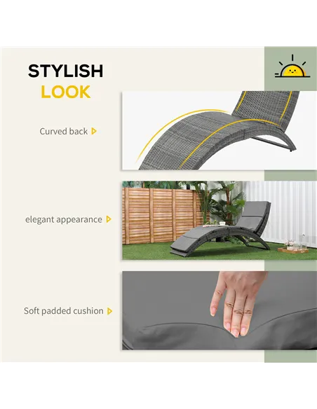 Outsunny Outdoor Foldable PE Rattan Sun Lounger with Soft Padded Cushion, Ergonomic Curved Design Sun Bed for Balcony, Garden, G