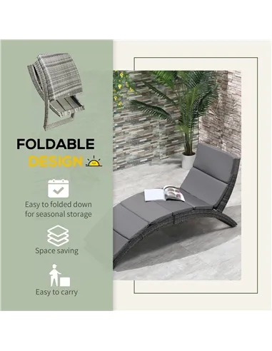 Outsunny Outdoor Foldable PE Rattan Sun Lounger with Soft Padded Cushion, Ergonomic Curved Design Sun Bed for Balcony, Garden, G