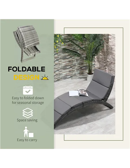 Outsunny Outdoor Foldable PE Rattan Sun Lounger with Soft Padded Cushion, Ergonomic Curved Design Sun Bed for Balcony, Garden, G