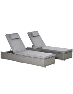 Outsunny 3 Pieces Rattan Sun Lounger Set with Aluminium Frame, 5-Position Adjustable Reclining Garden Chairs and Glass Top Table