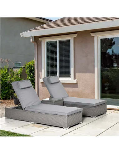 Outsunny 3 Pieces Rattan Sun Lounger Set with Aluminium Frame, 5-Position Adjustable Reclining Garden Chairs and Glass Top Table