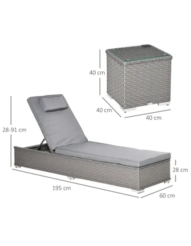 Outsunny 3 Pieces Rattan Sun Lounger Set with Aluminium Frame, 5-Position Adjustable Reclining Garden Chairs and Glass Top Table