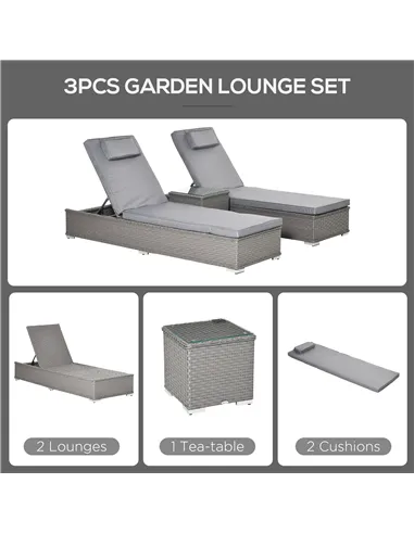 Outsunny 3 Pieces Rattan Sun Lounger Set with Aluminium Frame, 5-Position Adjustable Reclining Garden Chairs and Glass Top Table