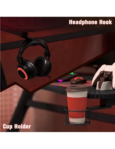 HOMCOM Gaming Desk 120 x 65 cm Steel Frame with Cup Holder, Headphone Hook, Adjustable Feet and Cable Organiser, Home Office Com