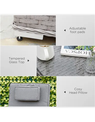 Outsunny 3 Pieces Rattan Sun Lounger Set with Aluminium Frame, 5-Position Adjustable Reclining Garden Chairs and Glass Top Table