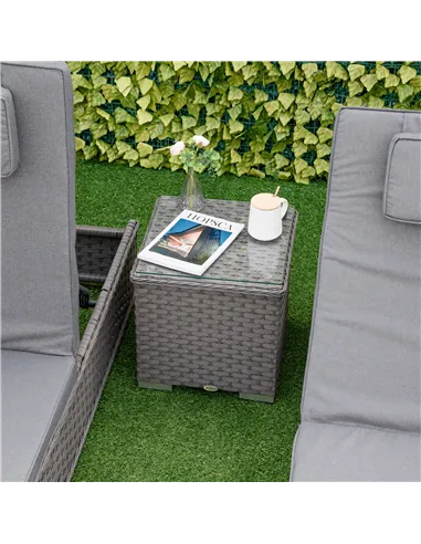 Outsunny 3 Pieces Rattan Sun Lounger Set with Aluminium Frame, 5-Position Adjustable Reclining Garden Chairs and Glass Top Table