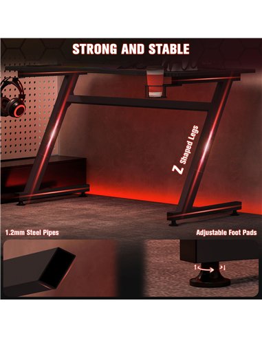 HOMCOM Gaming Desk 120 x 65 cm Steel Frame with Cup Holder, Headphone Hook, Adjustable Feet and Cable Organiser, Home Office Com