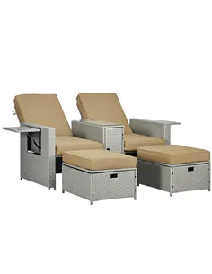 Outsunny 5PC PE Rattan Sun Lounger, Outdoor Wicker 5-level Adjustable Recliner Sofa Bed with Storage Side Table and Footstools, 
