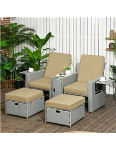 Outsunny 5PC PE Rattan Sun Lounger, Outdoor Wicker 5-level Adjustable Recliner Sofa Bed with Storage Side Table and Footstools,  2