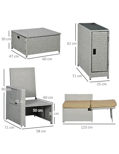 Outsunny 5PC PE Rattan Sun Lounger, Outdoor Wicker 5-level Adjustable Recliner Sofa Bed with Storage Side Table and Footstools, 