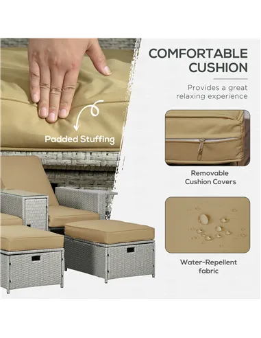 Outsunny 5PC PE Rattan Sun Lounger, Outdoor Wicker 5-level Adjustable Recliner Sofa Bed with Storage Side Table and Footstools, 