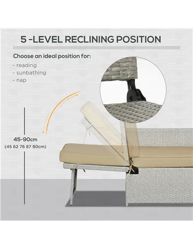 Outsunny 5PC PE Rattan Sun Lounger, Outdoor Wicker 5-level Adjustable Recliner Sofa Bed with Storage Side Table and Footstools, 