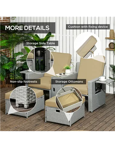 Outsunny 5PC PE Rattan Sun Lounger, Outdoor Wicker 5-level Adjustable Recliner Sofa Bed with Storage Side Table and Footstools, 