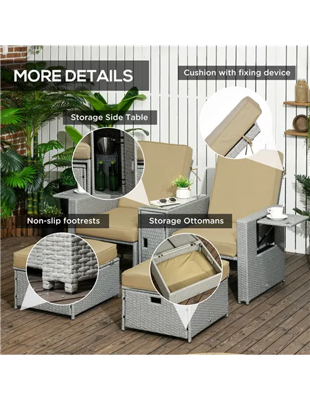Outsunny 5PC PE Rattan Sun Lounger, Outdoor Wicker 5-level Adjustable Recliner Sofa Bed with Storage Side Table and Footstools, 