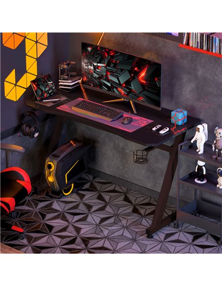 HOMCOM Gaming Desk 120 x 65 cm Steel Frame with Cup Holder, Headphone Hook, Adjustable Feet and Cable Organiser, Home Office Com