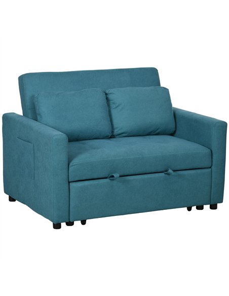 HOMCOM Loveseat Sofa Bed, Convertible Bed Settee with 2 Cushions, Side Pockets for Living Room, Blue