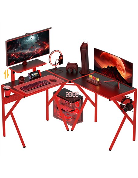 HOMCOM Gaming Desk L-Shaped Corner Computer Table for Home Office PC Workstations with Adjustable Monitor Stand Cup Holder Headp
