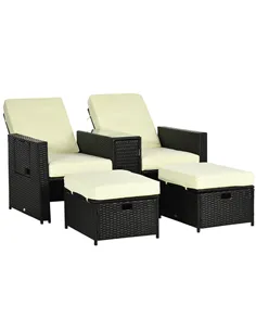 Outsunny 5PC PE Rattan Sun Lounger, Outdoor Wicker 5-level Adjustable Recliner Sofa Bed with Storage Side Table and Footstools, 