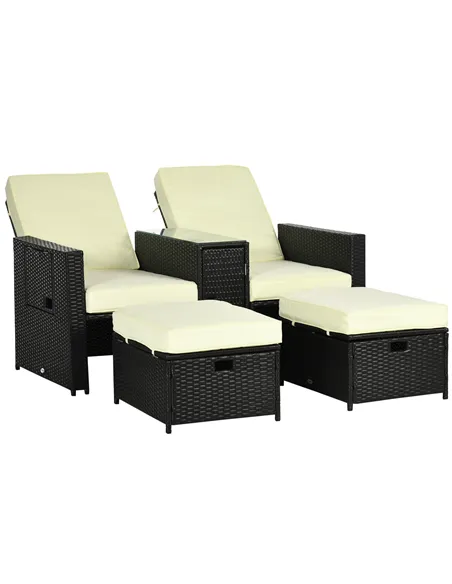 Outsunny 5PC PE Rattan Sun Lounger, Outdoor Wicker 5-level Adjustable Recliner Sofa Bed with Storage Side Table and Footstools, 