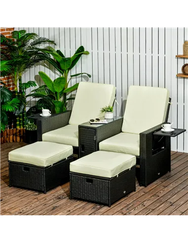 Outsunny 5PC PE Rattan Sun Lounger, Outdoor Wicker 5-level Adjustable Recliner Sofa Bed with Storage Side Table and Footstools, 