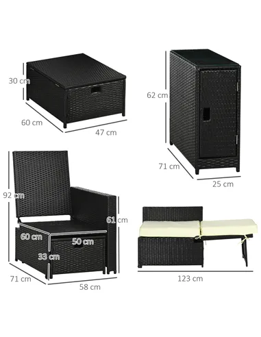 Outsunny 5PC PE Rattan Sun Lounger, Outdoor Wicker 5-level Adjustable Recliner Sofa Bed with Storage Side Table and Footstools, 