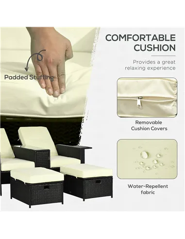 Outsunny 5PC PE Rattan Sun Lounger, Outdoor Wicker 5-level Adjustable Recliner Sofa Bed with Storage Side Table and Footstools, 